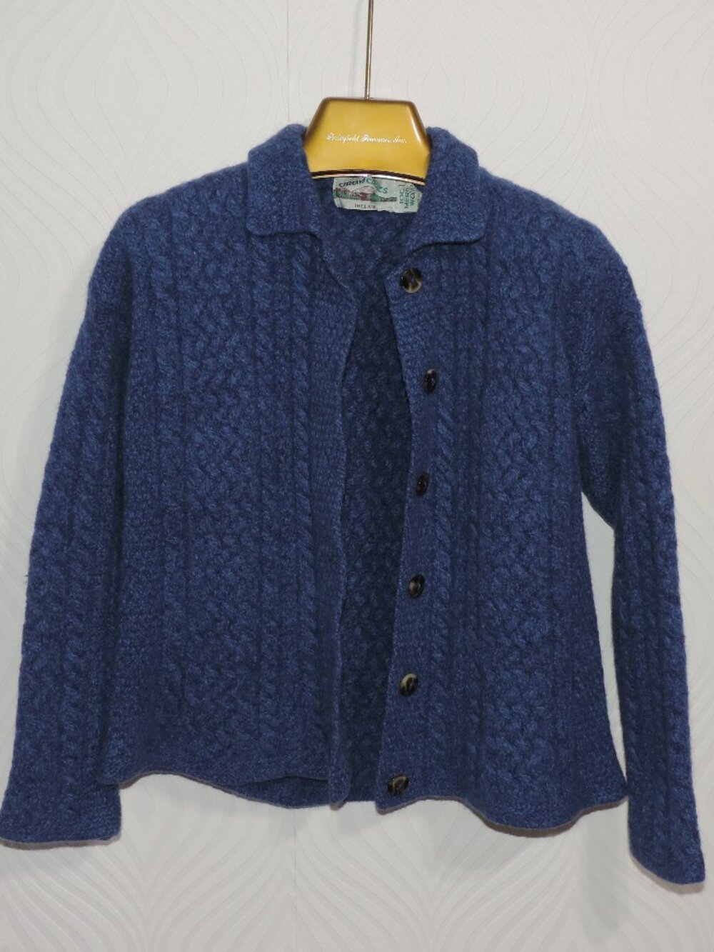 ARAN CRAFTS Button Cardigan Denim Blue Merino Wool Sz L Petite